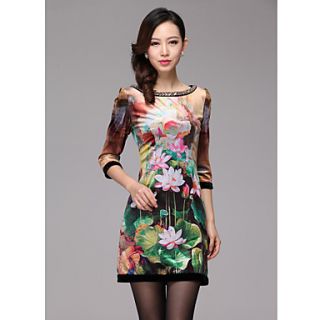 Womens High End Lotus Print Dress with Beaded Collar