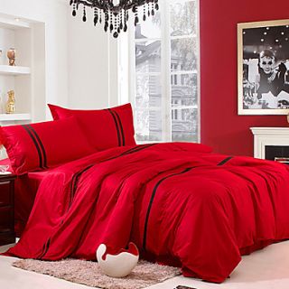 4 Piece Ruby Red with Black Stripe Cotton Duvet Cover Set