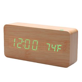 6 Khaki Wooden Design Green Light Desktop Alarm Clock Thermometer (USB/4xAAA)