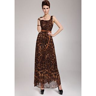 Womens Chiffon Belted Leopard Maxi Dress