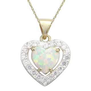 10K Yellow Gold Lab Created Opal & White Sapphire Heart Pendant, Womens