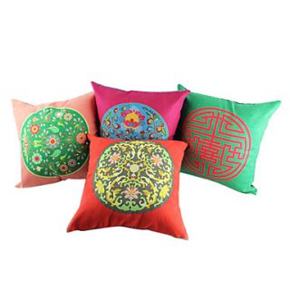 Set of 4 Chinese Style Polyester Decorative Pillow Cover