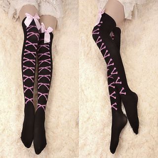 Black and Pink Cross Bones Velvet Punk Lolita Over Knee Socks