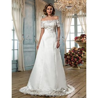 A line Off the shoulder Scalloped Edge Sweep/Brush Train Satin Wedding Dress (636695)