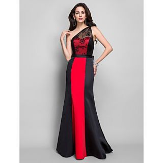 Sheath/Column One Shoulder Backless Floor length Satin And Lace Evening Dress With Bow(s)