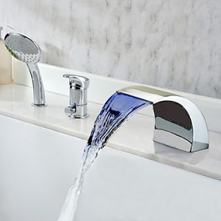 Contemporary Chrome Finish Multi color LED Widespread Waterfall Tubfaucet with Hand Shower