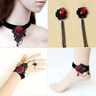 Handmade Black Lace With Ruby Gothic Lolita Accessories Set