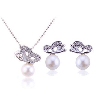 Lureme Crystals Butterfly Pearl Necklace Earrings Set