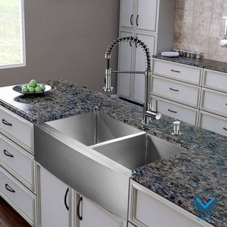 Vigo All In One 36 inch Farmhouse Stainless Steel Double Bowl Kitchen Sink And Faucet Set