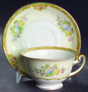 Meito Woodbine Footed Cup & Saucer Set, Fine China Dinnerware   Green Border, Fl