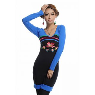 TS Ethnic Chinese Style Contrast Color Lotus Embroidery Long Sleeves Dress