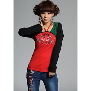 TS Ethnic Chinese Style Embroidery Contrast Color Halter T Shirt Top