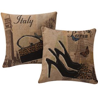 Set of 2 Paris Heels and Italy Purse Cotton/Linen Decorative Pillow Cover