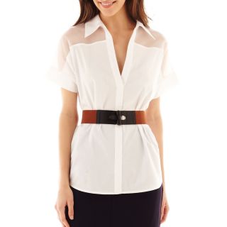 Worthington Short Sleeve Belted Shirt, White