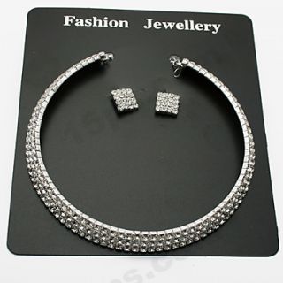 Crystal Silver Square Necklace Earrings Jewelry Set