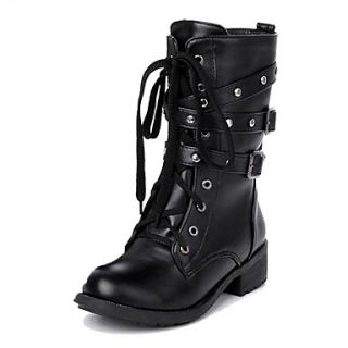 Faux Leather Chunky Heel Combat Mid Claf Motorcycle Boots with Buckle