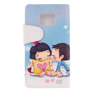 Sweet Kiss Drawing Pattern PU Leather Skin Plastic Hard Back Cover Pouches for Samsung Galaxy S2 I9100