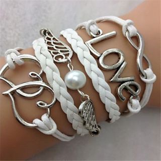 Fashion Leatherette Rope and Alloy Pearl Double Heart Bracelet