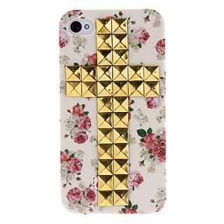Golden Square Rivets Covered Cross and Rose Pattern Hard Case with Glue for iPhone 4/4S