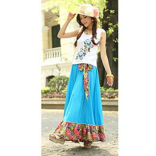 Bohemia High Waist Floral Stitching Peacock Pattern Women Long Skirts With Belt(Flower Pattern Random Delivery)