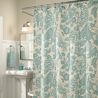 Shower Curtain Light Green Flower Birds Print Thick Fabric Water resistant W78 x L71