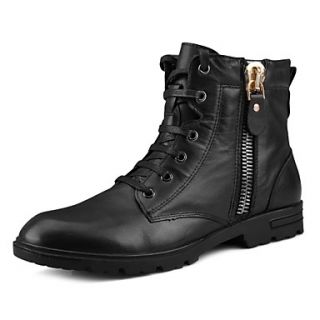 Mens Leather Flat Heel Combat Boots With Lace up/Zipper