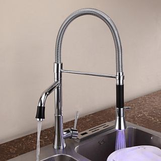 Contemporary Chrome One Hole Single Handle Pullout Spray Deck Mounted Kitchen Faucet with Color Changing LED Light