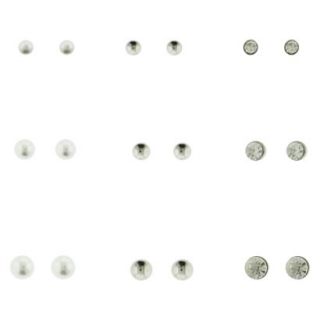 Womens Stone and Ball Stud Earrings Set of 9   Silver/Crystal/Ivory