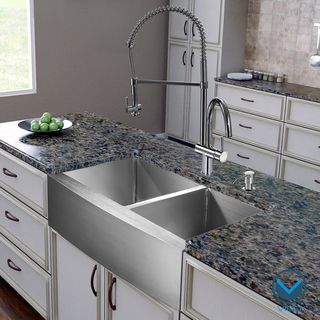 Vigo All in one 36 inch Farmhouse Stainless Steel Double Bowl Kitchen Sink And Chrome Faucet Set