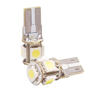 T10 Car Light with 5 LEDs (in a Pair, 5050, 1W, Lumen(LM) 60, Color Temperature 6000 6500K, 12V, White Light)