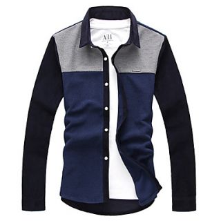 YiRANCP Mens Korean Style Check Pattern Splicing Fitted Long Sleeve Shirt(Blue)