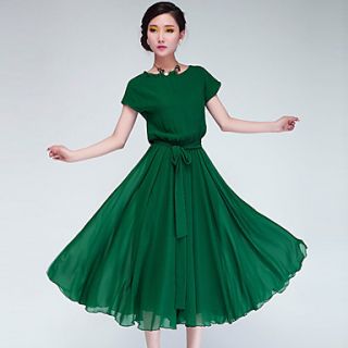 Color Party Womens Fashion Chiffon Dress With Long Belt (Green)