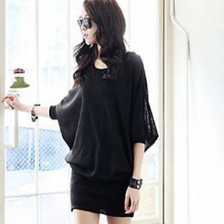 BeiYan Womens Fashion Bat Sleeve Solid Color Bodycon Dress(Black)