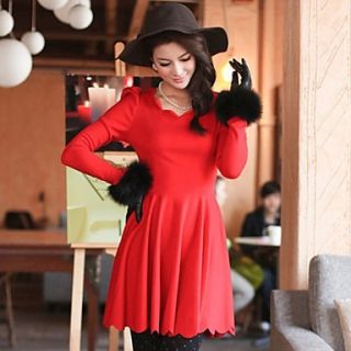 Jingpin Round Neck Solid Dyed Long Sleeve Bottoming Dress (Red)