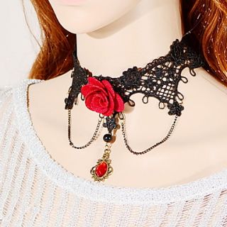 OMUTO Lace Flower Ruby Pendant Fashion Necklace (Black)