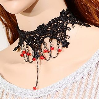 OMUTO Multilayer Hollow Out Water Drop Red Crystal Lace Necklace (Black)
