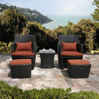 Bandio 5 piece Resin Wicker Outdoor Furniture Set (Brown wicker , Red cushionsMaterials Heavy duty aluminum, resin wickerFinish Brown resin wickerCushions included YesWeather resistant YesUV protection YesAdjustable legs/back NoWheels NoDimensionsC