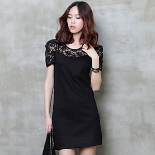 Jingpin Round Neck Lace Stitching Bottoming Dress (Black)