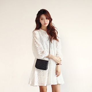 K Star Womens Korean Elegant Long Sleeve Casual Lace Dress(White)