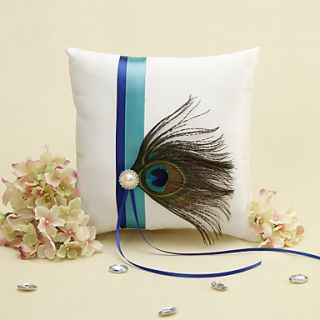 Blue Stripe With Peacock Feather White Ring Pillow