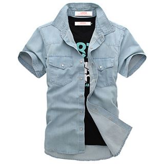 Lucassa Mens Fashion Short Sleeve Casual Denim Shirt(Light Blue)