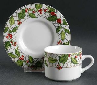 Reed & Barton Holly Berry Flat Cup & Saucer Set, Fine China Dinnerware   Green L