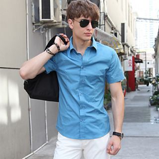 Lucassa Mens Simple Solid Color Slim Short Sleeve Shirt(Blue)