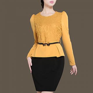 Lifver Womens Contrast Color Waist Belt Yellow Dress