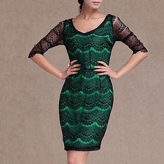 Lifver Womens Wave Print Bodycon Cropped Sleeve Green Dress