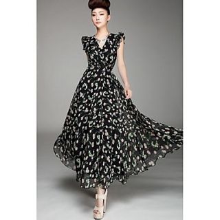 Womens Collect Waist Double Feifei Sleeve Chiffon Dress