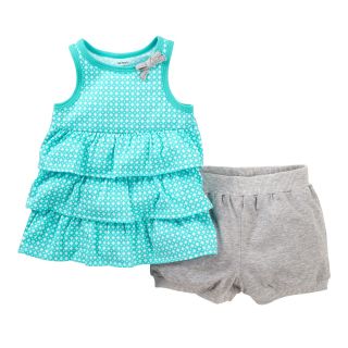 Carters 2 pc. Ruffled Top and Short Set   Girls newborn 24m, Turq Dot, Turq