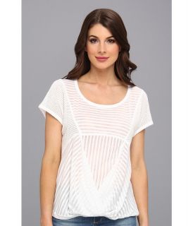 DKNY Jeans Mesh And Sheer Stripe Bubble Top Womens Short Sleeve Pullover (White)