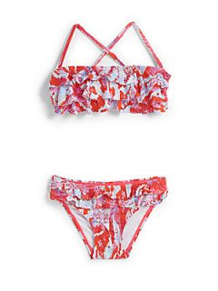 PilyQ Girls Two Piece Ruffled Bandeau Bikini Set   Scarlet