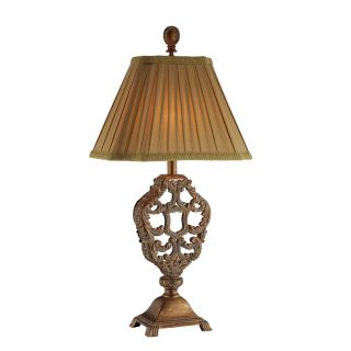 Carved Polyresin Table Lamp With Gold Pleated Shade